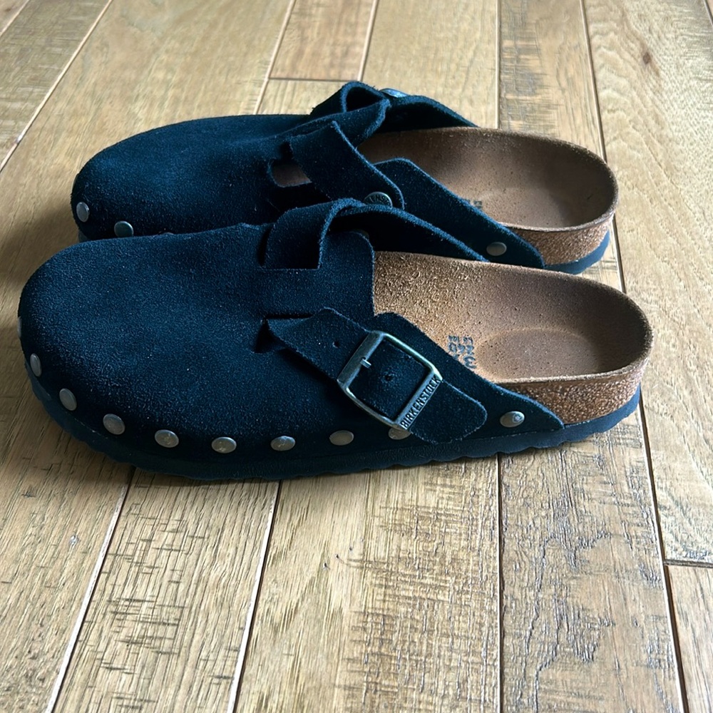 Birkenstock clogs black suede leather with stud edges. Size 6 / 37